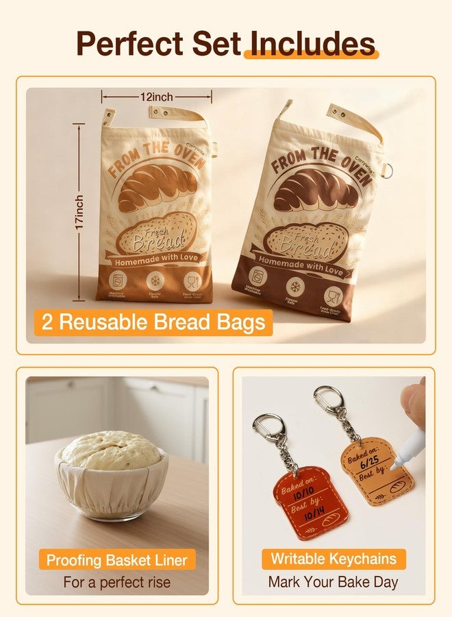 CarryWise Reusable Bread Bags for Homemade Sourdough with Date Keychains and Banneton Liner, 2 Pack Large 17"x12" Freezer Bread Storage with Zipper & Snap Handle for Home Bakers, Picnics & Travel - Image 5